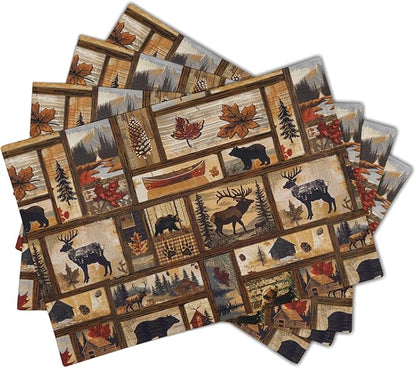 Rustic Bear Deer Place Mats - Vintage Cabin Moose Placemats Set of 4 Forest Animal Wildlife Table Mats Lodge Pine Cone Tablemats 12x18 for Dining Kitchen Farmhouse