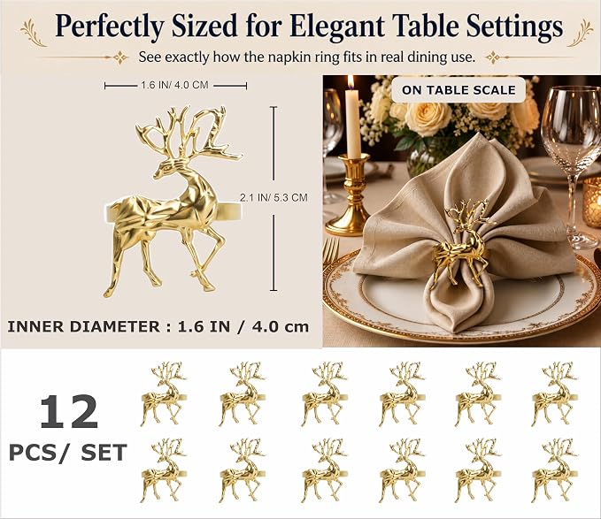 Gold Napkin Rings Set of 12 – Holiday Reindeer Design – Elegant Christmas Table - Image 2