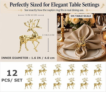 Gold Napkin Rings Set of 12 – Holiday Reindeer Design – Elegant Christmas Table - Image 2