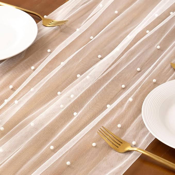 Pearl Table Runner Summer Tulle Gauze Sheer Wedding Party Home Decor | Ivory - Image 5