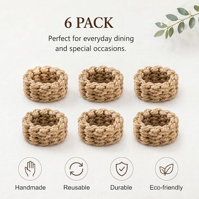 Braided Jute Napkin Rings Set of 6, Minimalist Round Woven Napkin Holders - Image 4
