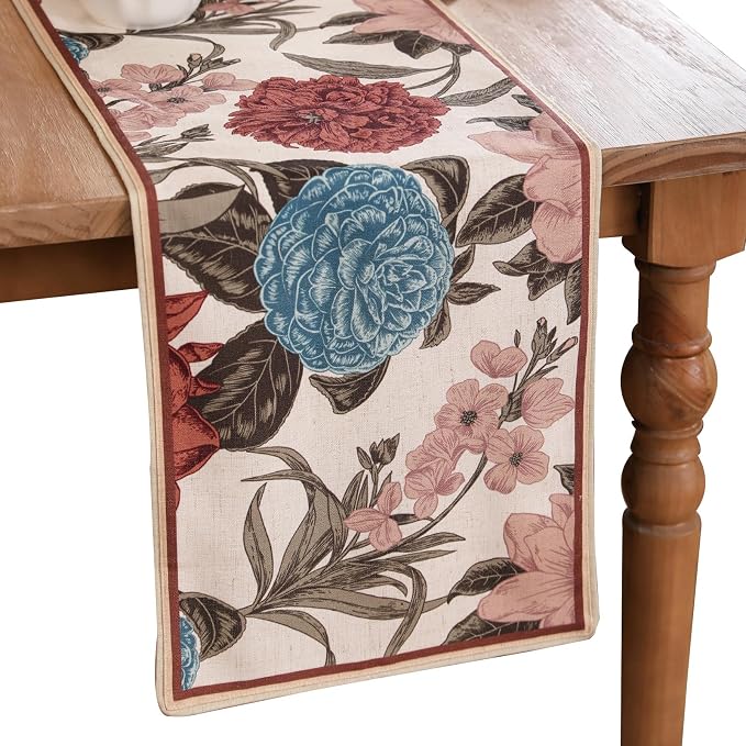 bilin gaier Designer Linen Extra Long Table Runner, Colorful Floral Pattern by bilingaier