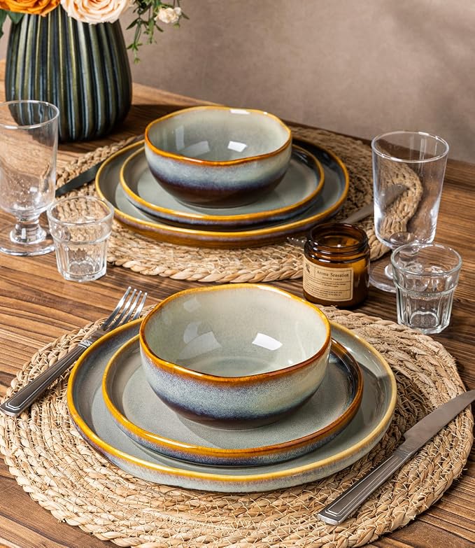 Ceramic Dinnerware Set for 4, 12-Piece Plates and Bowls Set | Handmade Reactive - Image 7
