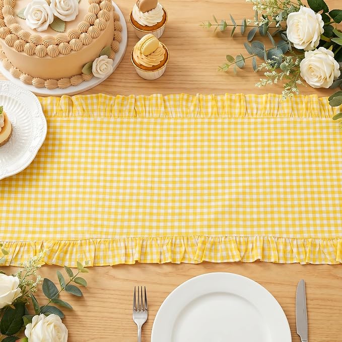 Eternal Beauty 14x120 Gingham Ruffle Table Runner, 100% Washed Cotton Plaid - Image 3