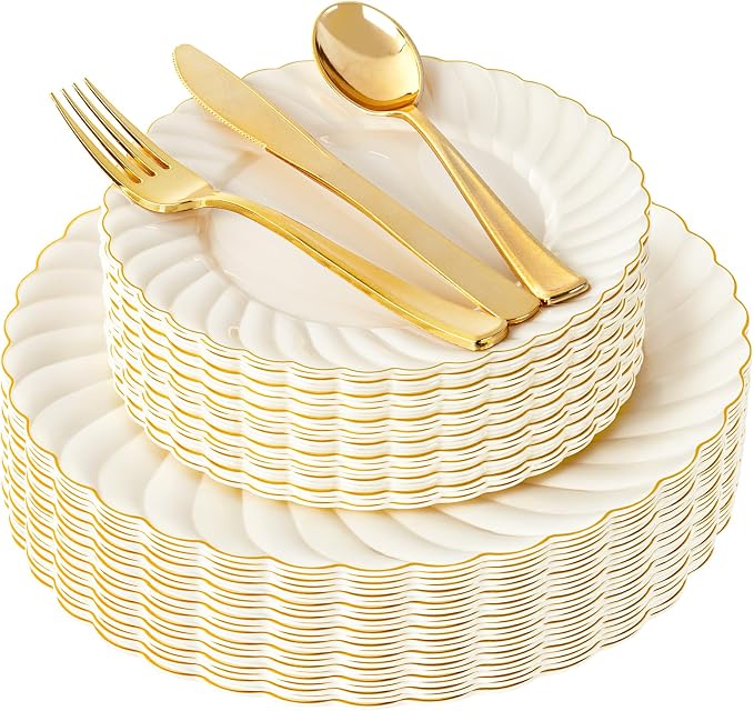YOUBET 125PCS Ivory Scalloped Plastic Plates by YOUBET