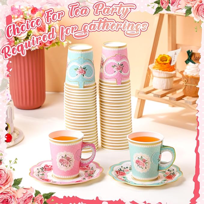 Tioncy 100 Pcs Tea Party Decorations Include 50 Pieces 9 oz Paper Tea Cups - Image 4
