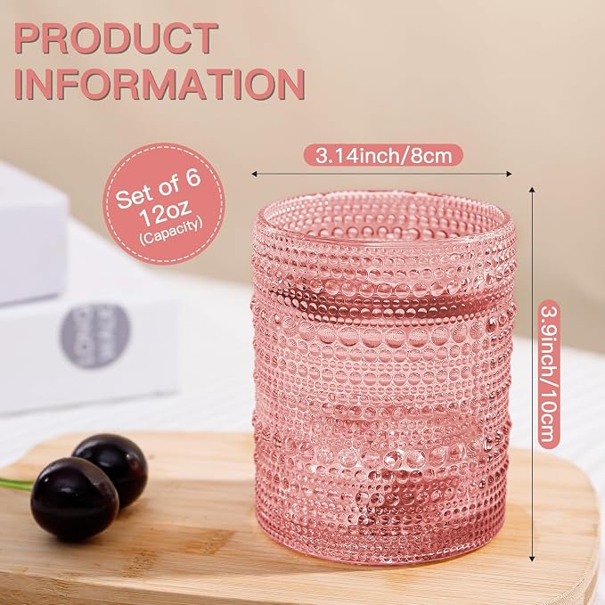 JOVGANK Pink Vintage Hobnail Drinking Glasses Set of 6, Embossed Water Tumbler - Image 2