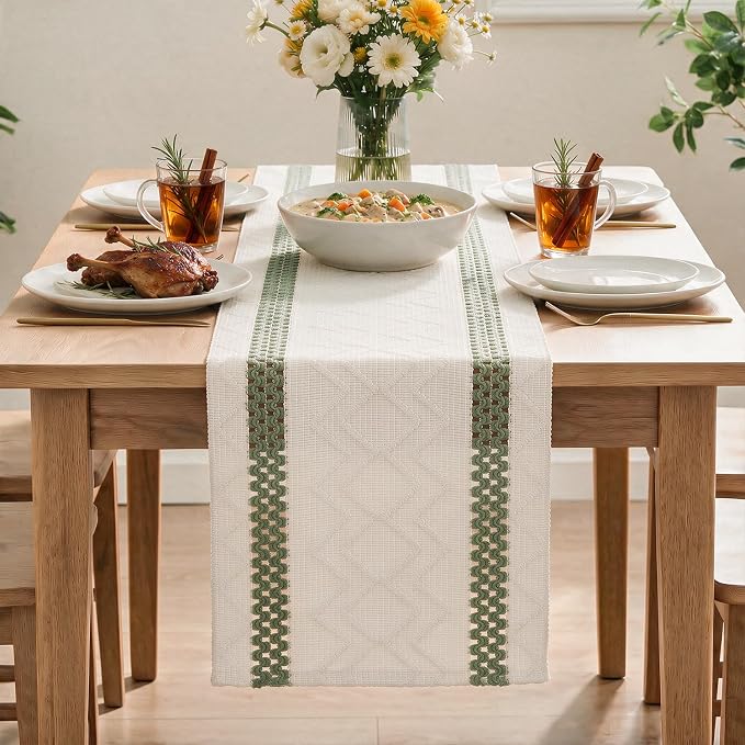 Artoid Mode Sage Green Stripe Woven Rustic Table Runner 12x108 Inch | Holiday - Image 2