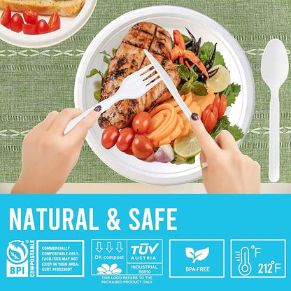 250 Count Compostable Disposable Non Plastic Knives, Large Heavy Duty Biodegradable Utensils, Eco Friendly Durable Sturdy Recyclable Knives Flatware Silverware for Party Wedding Daily Use