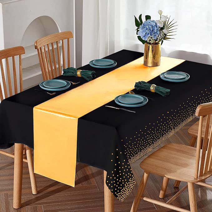 24Pack Disposable Plastic Tablecloths and Satin Table Runner Set Black Gold Dot - Image 4