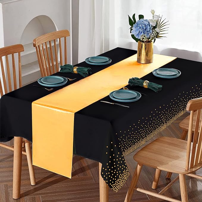 8Pack Disposable Plastic Tablecloths and Satin Table Runner Set Black Gold Dot - Image 4