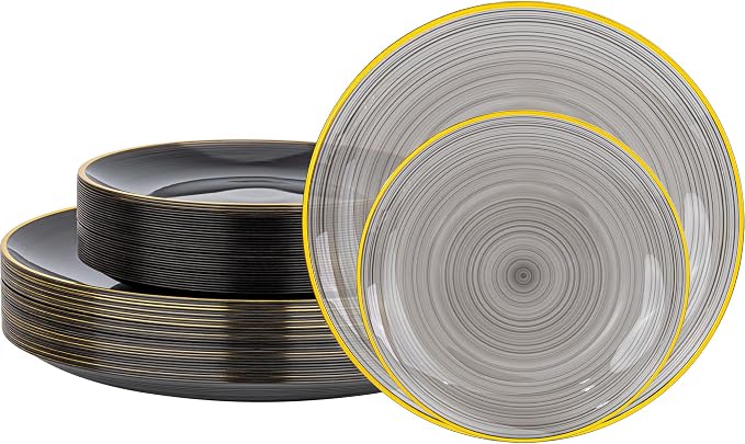 Morejoy 60Pcs Black Plastic Plates, Modern swirl design Plates Include 30 by Morejoy
