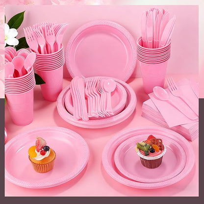 Kochorie 240 Pieces Pink Plastic Dinnerware Set Disposable Heavy Duty Plates Napkins Cups and Silverware Dessert Dinner Plates for Birthday Wedding Baby Shower Party Supplies, Serves 30 Guests