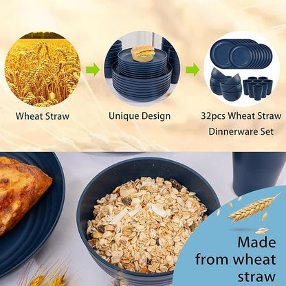 Supernal Wheat Straw Dinnerware Sets, Tableware Set for 8, Plates and Bowls Sets, Reusable Dinnerware Set, Dishwasher Safe, Blue Plastic Dinnerware Sets 16pcs Plates, 8pcs Bowls, 8pcs Cups