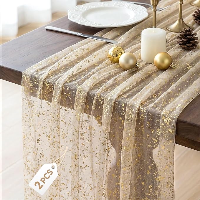 2Pcs Gold Table Runner 10FT Gauze Glitter Wedding Party Decorations | by FEXIA