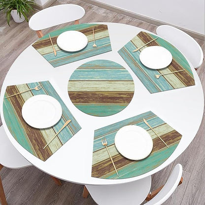 SHACOS Small Round Table Placemats Set of 5 Woven Vinyl Wedge Placemats with Centerpiece Round Table Mats Wipe Clean, Teal Brown Stripe Wood Board