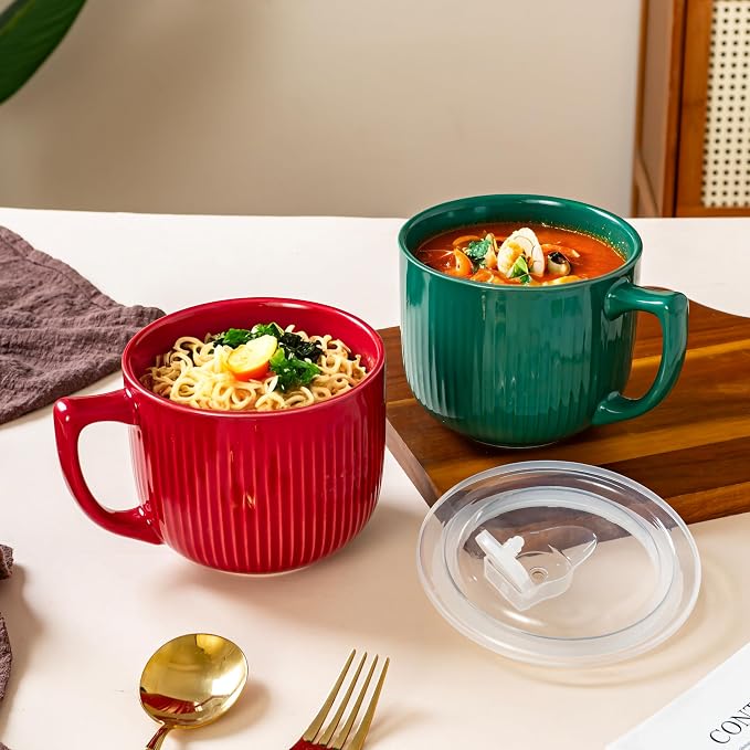 Ceramic Soup Bowl with Handle & Lid, 32oz Microwave Ramen Bowl Forest Green | - Image 2