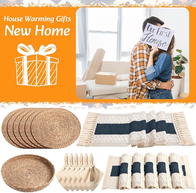 6 Sets Boho Decoration Placemats Round Woven Placemats, Cloth Napkins, Wood - Image 7