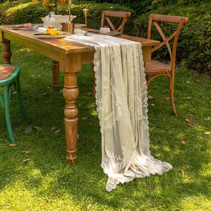 vctops Beige Lace Table Runner 120 inch 10FT Floral Embroidered Boho Farmhouse - Image 3