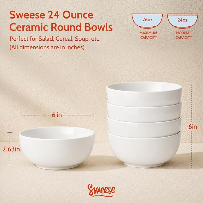 Sweese 24 oz Ceramic Cereal Bowl Set of 4, Round Serving Bowl - Image 2