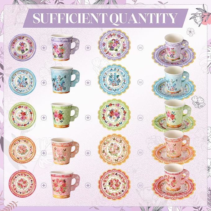 Nuogo 300 Pcs Vintage Floral Disposable Tea Party Set - Image 3