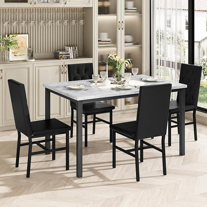 Hooseng Dining Table Set for 4, Faux Marble Small Kitchen Table Chairs Set of 4 with Luxurious Button Tufted Dinner Chairs for Kitchen and Dining (Gray)