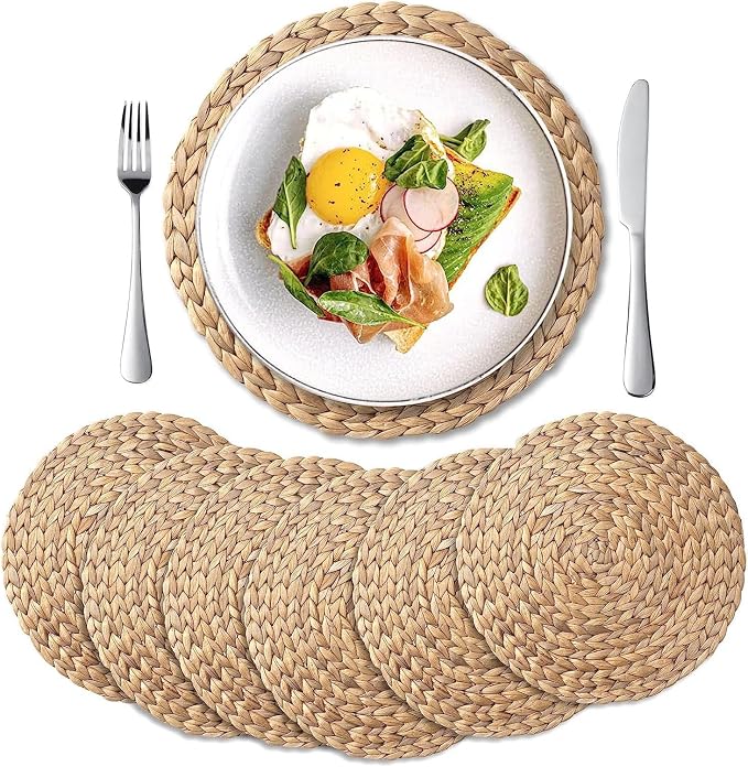 YANGQIHOME 6 Pack, Round Woven Placemats, Natural Water Hyacinth Wicker Place by YANGQIHOME