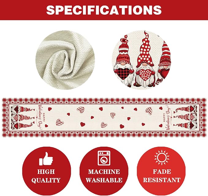 8 Pcs Gnomes Holiday Table Runner 72 Inches Long, Plaid Valentines Day St - Image 7