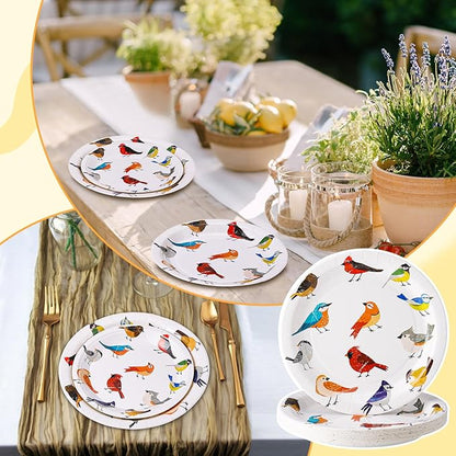 48 Pcs Playful Birds Paper Plates Set Include 9 Inch and 7 Inch Colorful Little Birds Texture Disposable Plates Spring Summer Decorative Party Tableware for Home Table Party Supplies