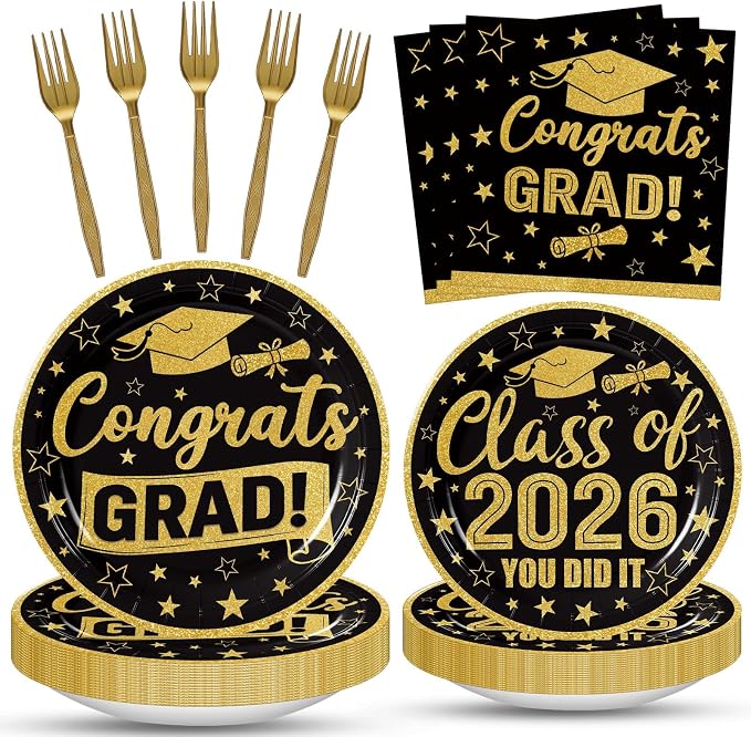 100 Pcs Graduation Party Supplies Set, Serves 25 – Disposable Black and Gold by Merriva