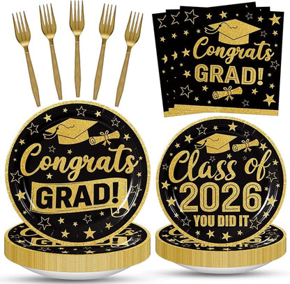 100 Pcs Graduation Party Supplies Set, Serves 25 – Disposable Black and Gold by Merriva