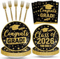 100 Pcs Graduation Party Supplies Set, Serves 25 – Disposable Black and Gold by Merriva