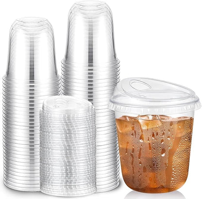 Baderke 50 Pcs Plastic Cups with Sip Lids Round Bottom Disposable Plastic Coffee Cups with Lids Clear Strawless Crystal Mugs for Iced Coffee Smoothie Cold Beverage Party Catering Supplies (12 oz)