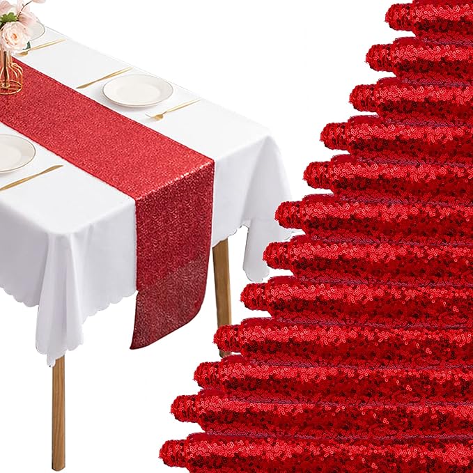 12 Packs 12 X 72 Inch Red Sequin Table Runner Glitter Dining Table Runner by Fivenl