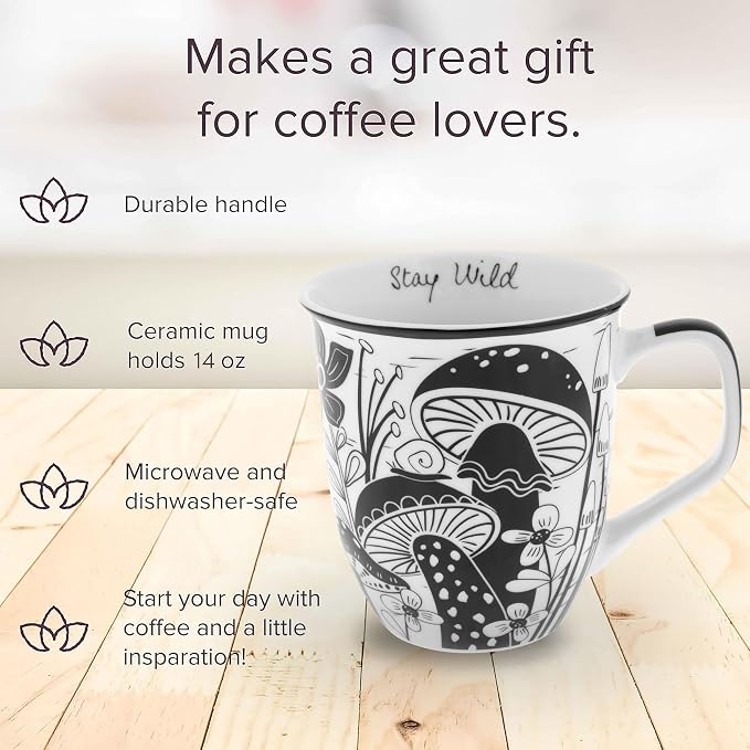 Karma Gifts 14 oz Black and White Boho Mug Mushroom - Image 3