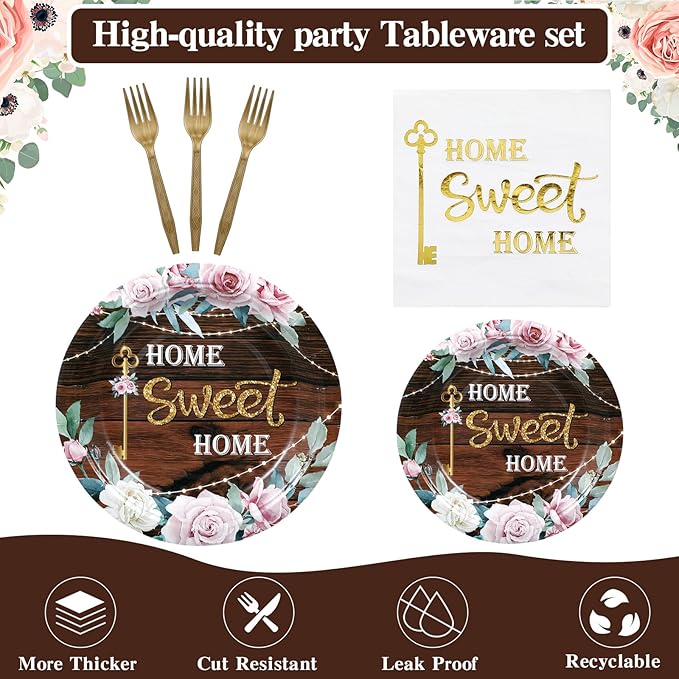 Zubebe 120 Pcs Housewarming Party Tableware Home Sweet Home Plates and Napkins Disposable Sets Rustic Leaves Floral House Warming for New House Wedding Party Supplies Serve 24 Guests(Boho Style)