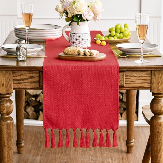 Artoid Mode Red Tassel Table Runner, Christmas Linen Blend Rustic Farmhouse - Image 3