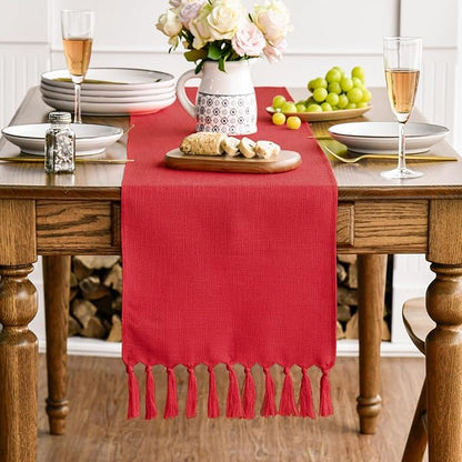 Artoid Mode Red Tassel Table Runner, Christmas Linen Blend Rustic Farmhouse - Image 3