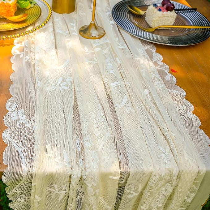 vctops Beige Lace Table Runner 120 inch 10FT Floral Embroidered Boho Farmhouse - Image 6