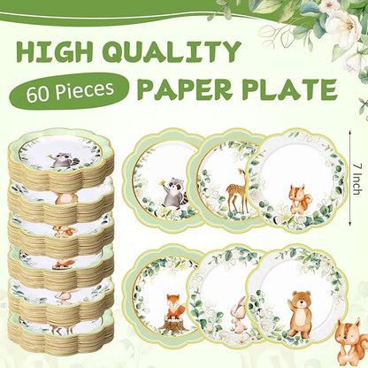60 Pcs 7 Inch Woodland Animals Baby Shower Paper Plates Woodland Creatures Decorations Tableware Baby Gender Neutral Plates for Forest Animal Theme and Birthday Party Supplies