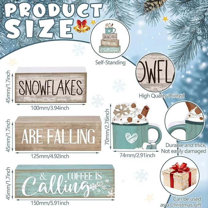 Moucuny 4 Pcs Winter Table Decor Wooden Milk Cocoa Decoration Winter Tiered - Image 4