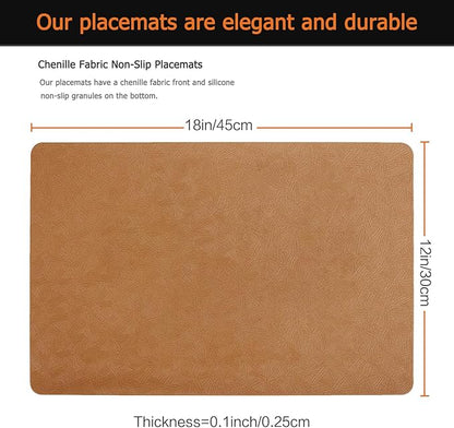 Vinyl Placemats Set of 4 Faux Leather 100% Waterproof Wipeable Washable Place Mats Heat Resistant Easy Clean Non-Slip Table Mats for Indoor Outdoor. (4, Brown)