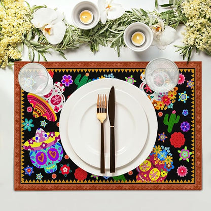 Mexican Placemats Set of 4 - Colorful Floral Skull Table Place Mats 12x18 for Indoor Outdoor Kitchen Dining Table