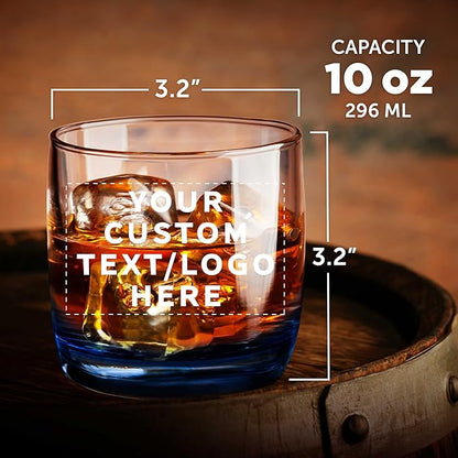 DISCOUNT PROMOS Custom Whiskey Glasses 10 oz Set of 10/50/100, Personalized Bulk Pack - Heavy Base Old Fashioned Glass, Perfect for Scotch, Bourbon, Whiskey, Cocktail - Blue Bottom Color