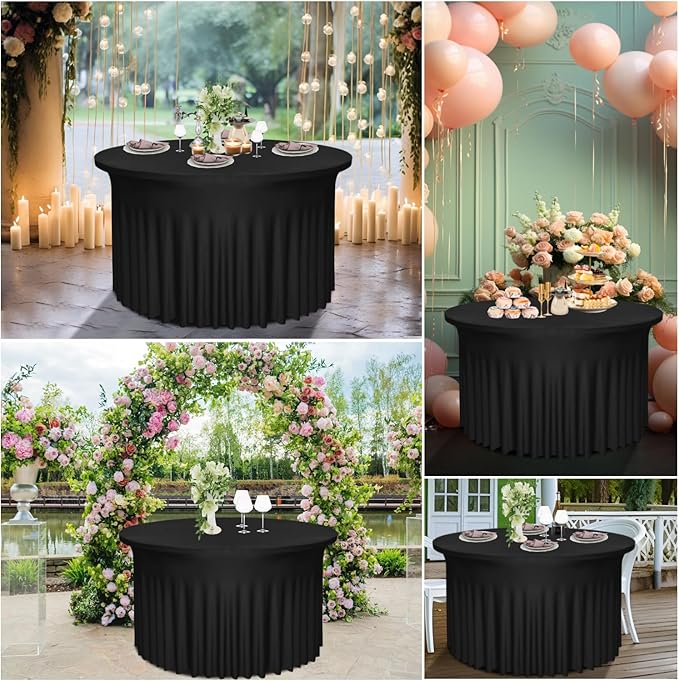 6 Pack 48" Diameter x 30" Height Black Table Skirt | Fits 4FT Round Tables | Polyester Spandex Cloths With Skirt | Stain, Wrinkle Resistant for Wedding, Party, Dining, Banquet
