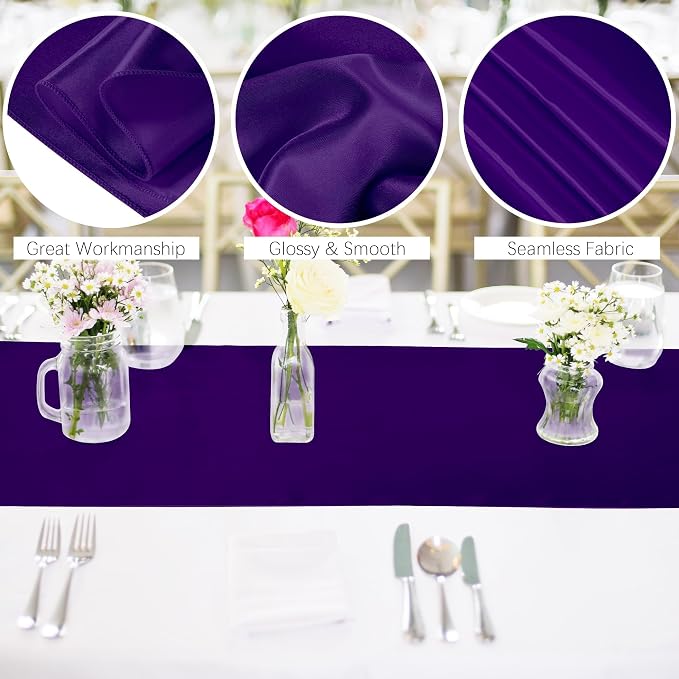 Aneco Satin 12 Pack Table Runner 12 x 108 Inch Dark Purple Long Wedding Satin - Image 3
