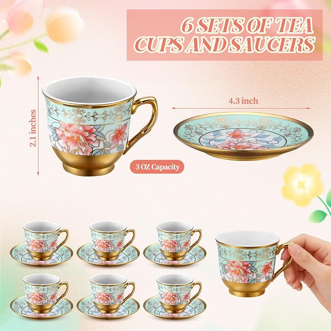 6 Pcs 3 oz Mini Vintage Floral Tea Cups and Saucers Set, Christmas Halloween - Image 2