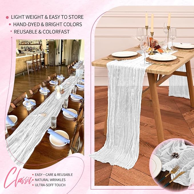 Showgeous 2 Pack White Cheesecloth Table Runners Boho Wedding Decor | Rustic - Image 5