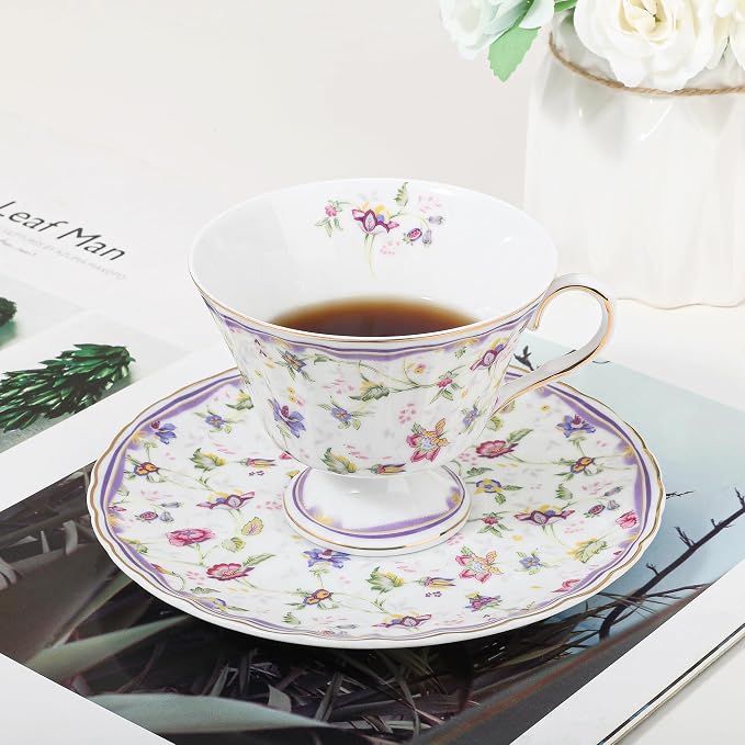 fanquare 5 Ounces Purple Floral Vines Porcelain Tea Cup and Saucer | Country - Image 4