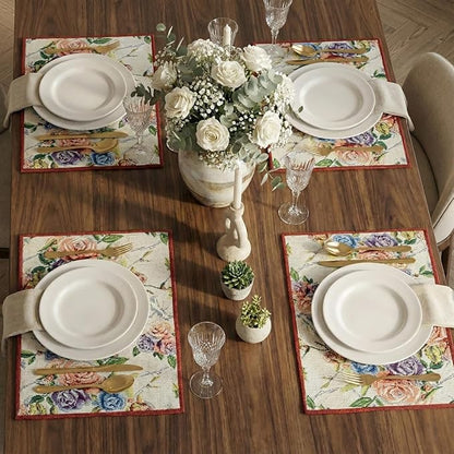 DaDa Bedding Vintage Romantic Roses Floral Dining Table Placemats - Set of 4-Pieces Tapestry Lovely Valentine Blossoms Spring Summer Garden - Decorative Linen Woven Kitchen Mats - 13” x 19” (879)
